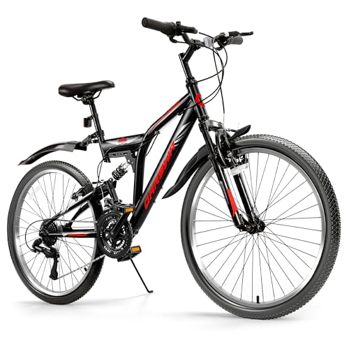 QARSWA 24/26 Inch Mountain Bike for Men & Women, 21-Speed Full Suspension MTB, High-Carbon Steel...
