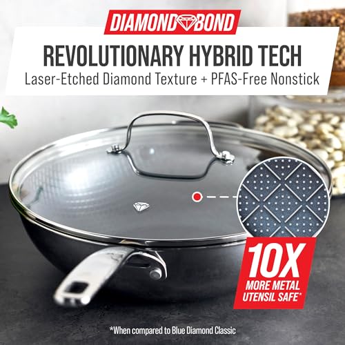 Image of Blue Diamond Hybrid Nonstick Stainless Steel 12 inch Wok with Lid, PFAS-Free Ceramic Diamond Bond Stir-Fry Pan, Induction Ready, Dishwasher & Oven Safe, Metal Utensil Safe, Stay-Cool Handle, Silver