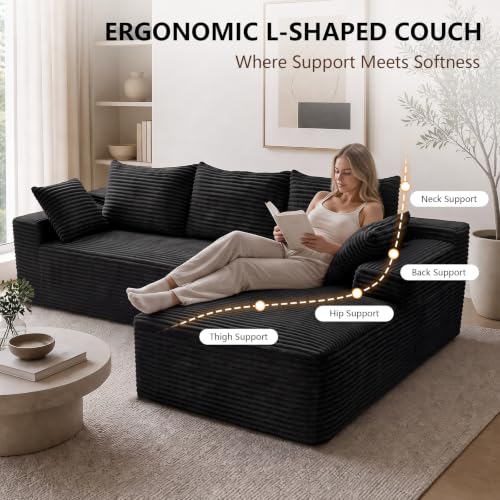 Image of 106.3 inch L Shaped Boneless Sectional Corduroy Couches for Living Room (Black)