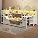 Hasuit Twin Corner Bed with Desk and Storage Bookcase, Daybed with 2 Drawers & 2 Storage Bins, Twin Size Platform Bed Frame with Charging Station and LED Light, Modern Teenagers Bedframe, White