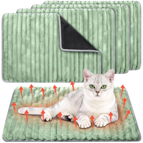 Nuanchu 4 Pack Self Warming Cat Bed Self Heating Dog Cat Pad 18 x 24 Inch Dog Crate Mat Extra Warm Thermal Pet Pad for Indoor Outdoor Pets Houses with Removable Washable Cover Non Slip(Light Green)