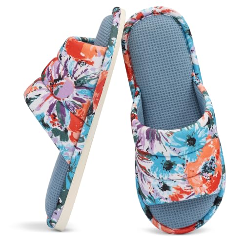 Image of Summer House Slippers for Women Men Waffle Indoor Slippers | Breathable Open toe Home Shoes, Memory Foam Slip-on Washable Bedroom Slides