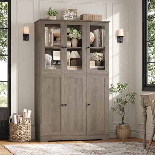 HOSTACK Grey Bookshelf and Bookcase, 69" Tall Book Shelf, Large Bookshelves with Storage Cabinet, 42" Wide Book Case with Glass Doors and Shelves, Modern Display Cabinet for Home Office, Ash Gray - Image 4