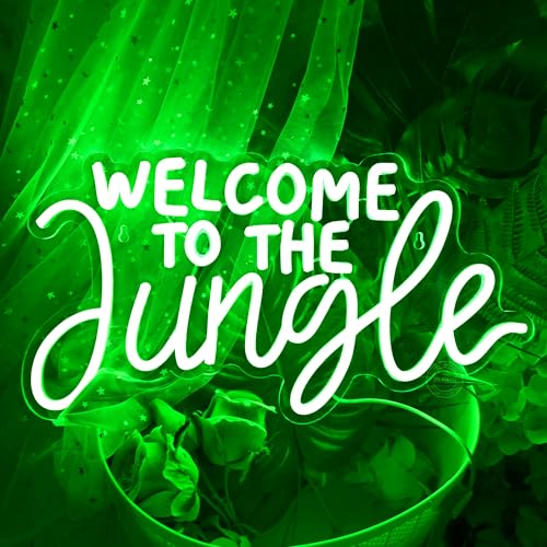 Image of Planzo Welcome to the Jungle LED Neon Light Sign Baby Shower Wall Decor | Kids Room Bedroom Home Wall Decor, Safari Jungle Themed Party Decor, Kids Birthday Gift, Light Up Sign, USB,16.93 inchx9.06 inchGreen