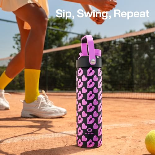 Image of ENCOOL Insulated Water Bottle with Straw Stainless Steel Water Bottle, Leak-Proof, BPA-Free, Keeps Cold for 24 Hours for Sports, Travel, School (26 oz, Kiss Love Violet x Black)