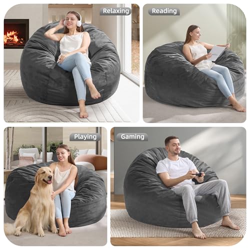 Image of Hobestluk Adults Bean Bag Chair 4FT Big BeanBag Chair Extra Large Oversized | Memory Foam,Washable Cover,Side Pocket,Handle,Lightweight Round Dorm Chair Large Adult Bean Bag Study Room Gaming | Grey 4FT