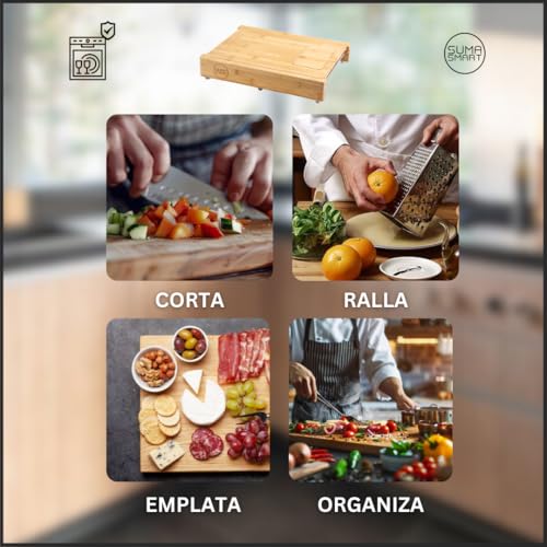 Tabla de cortar de bambú 40x30 cm con bandejas de acero inoxidable integradas 6