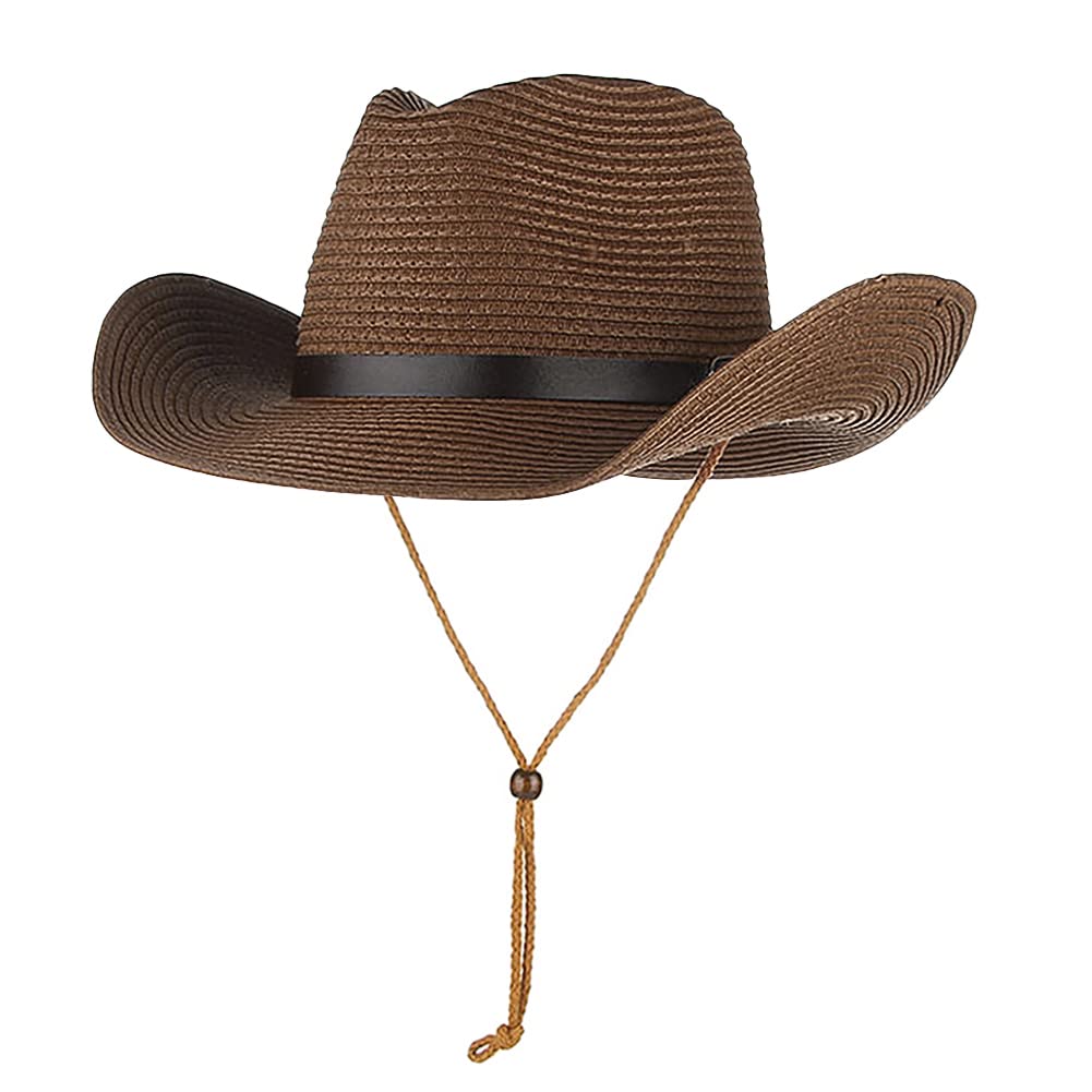 Natural Straw Cowboy Hat, Western Cowboy Cowgirl Floppy Sun Hats with Wide Brim, Vintage Style Unisex Fedora Panama Hat Beach Cap for Men Women (Brown)