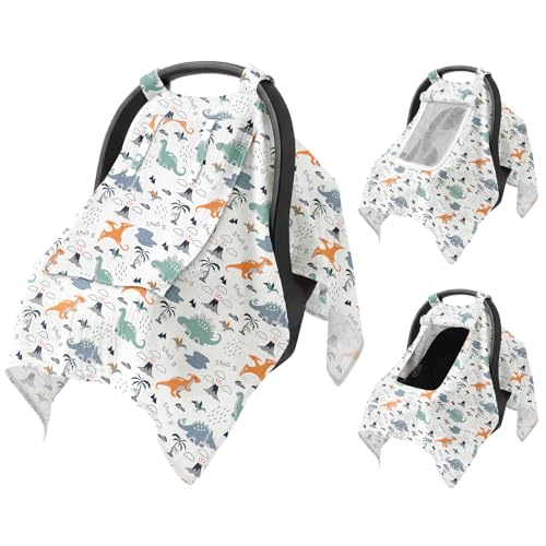 Image of Baby Car Seat Cover with Mesh Window, 100% Cotton Carseat Covers Baby Boy Breathable Infant Car Seat Cover Spring Summer Baby Carseat Cover Lightweight Infant Car Seat Canopy - Dinosaur