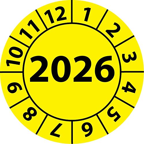 Plachetta di controllo annuale 2026, pellicola in vinile, autoadesiva, adesivo di controllo, placchetta annuale per l'anno 2026 (35 mm Ø, Giallo, 250)