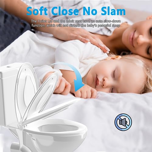 Image of Aunsffer Family Toilet Seat Elongated, Built-in Toddler Potty Training Seat, Baby Toilet lid 2 in 1 Soft Close Quiet with Magnet, Easy Clean PP Material Safe and No Loosen (White Elongated 18.5 Inch)
