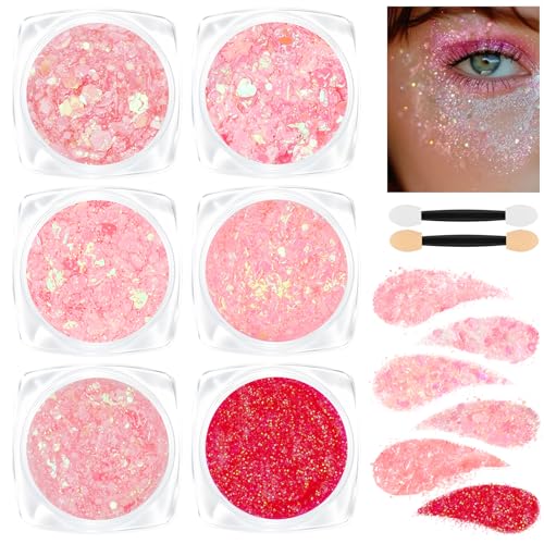 AOOWU Gel de Purpurina, 6 Piezas Brillantes para la Cara, Gel Corporal con Purpurina para Rostro y Cuerpo, Autoadhesivo, Carnaval Glitter Maquillaje para Festival, Mascarada y Fiesta (Rosa)