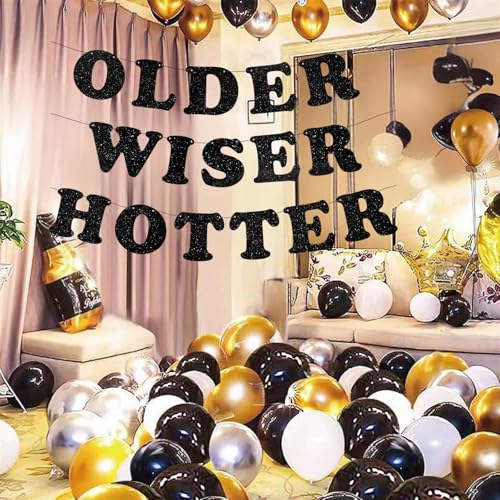 Image of 3pcs Pre-Strung Older Wiser Hotter Banner Funny Black Birthday Bunting Sign for Women Men 30th 40th 50th 60th 70th 80th Birthday Party Decorations