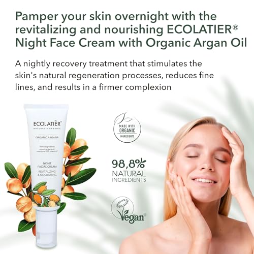 ECOLATIÈR Night Cream with Organic Argan Oil – Revitalizing & Nourishing, Anti-Aging Face Moisturizer with Vitamin C, Vegan, 97.7% Natural Ingredients, 1.7 Fl Oz - ECOLATIER