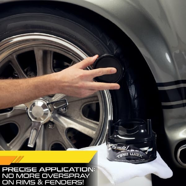 Formula 1 Tire Wax - Long Lasting Tire Gel for Black Glossy Tires, Water Resistant, Also for Plastic Trims and Black Bumper, Foam Applicator Included, 283g
