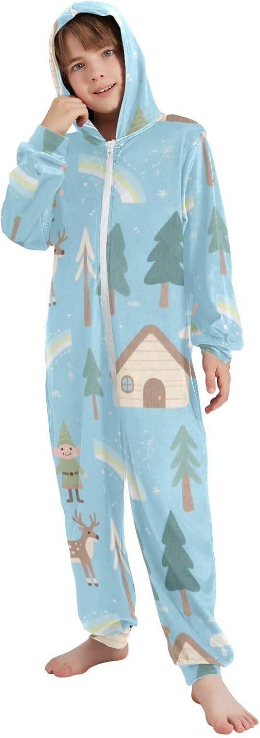 Unisex Pajamas Long Sleeve Hooded Sleepwear Holiday Loungewear for Christmas Home 4-14Y