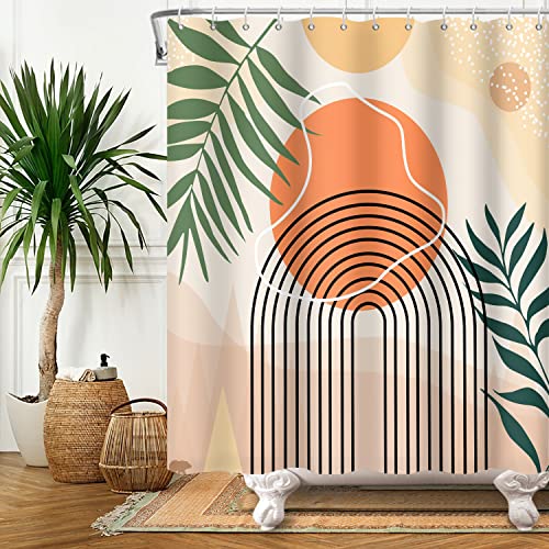 Ttincceer Boho Cortina de Ducha 180x180cm Mediados del Siglo Abstracto Arco Cortinas de Ducha para el baño Bohemia Tropical Hoja de Palma Cortinas de baño Vintage Impermeable Cortina de bañera