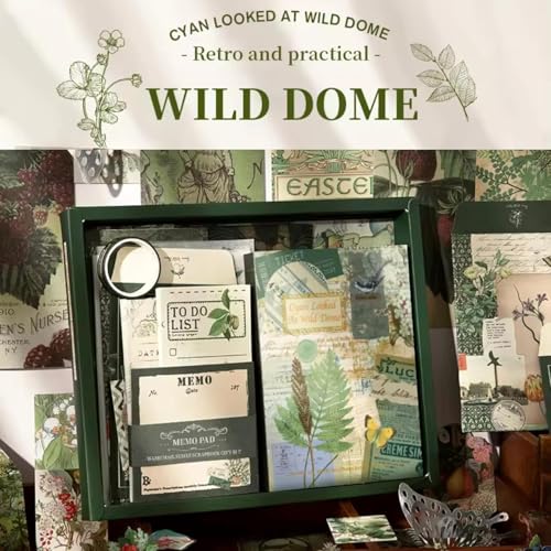 Image of VIBE VISTA Vintage Scrapbook Kit - 346 Pcs A6 Grid Notebook, Washi, Envelopes, Papers, Folding Labels, Background Papers, Photo Frames, Calendar Stickers - Cyan Looked At Wild Dome, Green