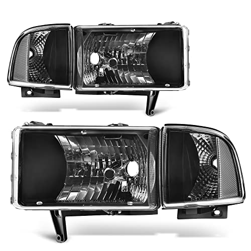 AUTOSAVER88 Headlights Assembly Compatible with 1994-2001 Dodge Ram 1500/1994 1995 1996 1997 1998 1999 2000 2001 2002 Ram 2500 3500 Pickup Black Housing Clear Reflector Clear Lens with Corner Lights