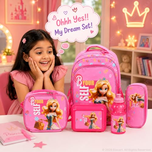 Image of Combo Set for Girls - 5 in 1 Back to School Hamper with Backpack, Lunch Bag, Tiffin Box, Water Bottle & Pencil Pouch - Complete School Essentials Gift Set for Kids (Pink Bag)