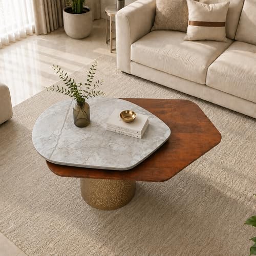 Image of The Attic Dotsy Coffee Table, Coffee Table for Living Room, Rovolving Marble top, Gold & Teak,Grey Finish
