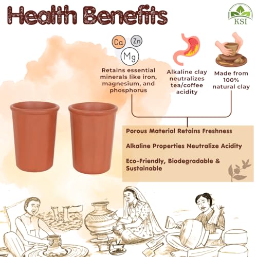 Image of KSI Earthen Clay Water Glass Set of 6 | 225 ml Mitti Drinking Glasses | Unglazed Terracotta Glass for Water Milk Coffee Herbal Drinks | Traditional Clay Drinkware for Kitchen Table Use