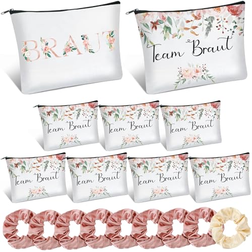 Ylinge 9 Sets Braut Geschenke JGA Party Zubehör Satin Braut Haargummis Team Braut Make up Tasche Geschenk zur Brautparty Junggesellenabschied Tasche Dekoration für Hochzeit Verlobung (Rosa)