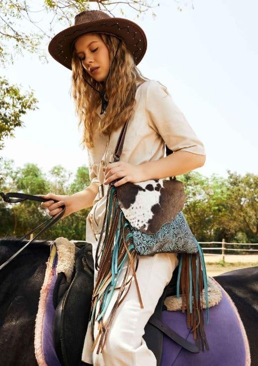 Myra Bag Western Style Purse - Fringe Purses for Women with Real Cowhide and Blue Accents, Leather Western Handbags for Women - Image 2