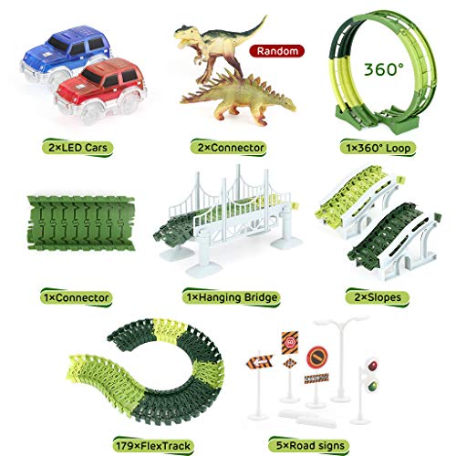 Dinosaur Toys 222pcs Race Track Toy Set - Create A Dinosaur World Road Race, Flexible Track Playset with 2 Race Cars & 2 Dinosaurs, 360° Stunt Loop, Best Gifts for 3 4 5 6 7 8 Year Old Boys & Girls