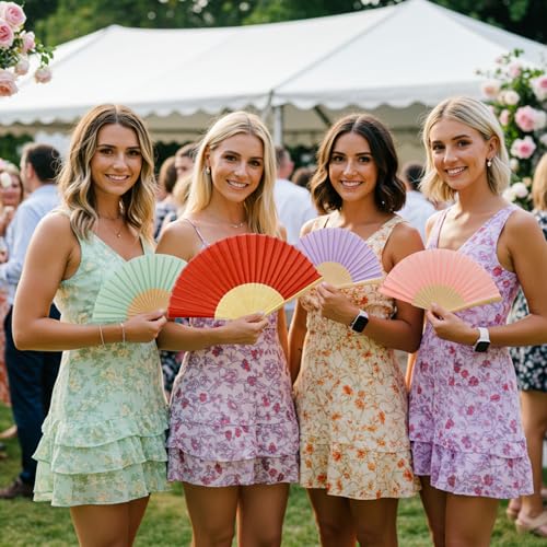 Image of Fabric Handheld Folding Hand Fan With a Tassel Grade A Bamboo Ribs for Women Girls Summer Party Event Favor Birthday Wedding Souvenir Gift (Red)
