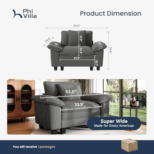 Image of PHI VILLA Oversized Single Sofa Chair with Deep Seat, Upholstered Reading Armchair Modern, 1 Seater Comfy Sofa Chair for Small Spaces Bedroom, Corduroy, Grey