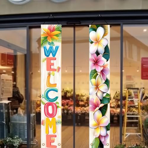 Image of BlissYard 2pcs Welcome Summer Door Banner Porch Sign Hawaiian Decorations Hawaiian Banner Hibiscus Colorful Spring Summer Decor Wall Hanging Banners for Outdoor Home Tropical Party Decor Supplies