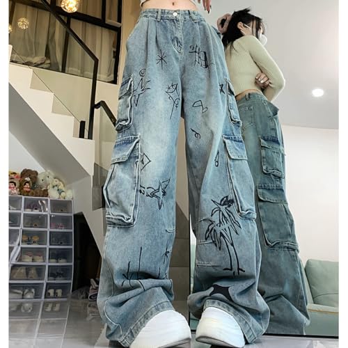 Y2K Fashion Straight High Waisted Wide Leg Jeans Casual Gradual Graffiti Patchwork Baggy Denim Pants3