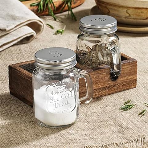 MosJos Mason Jar Salt and Pepper Shaker - Vintage Glass Condiment Dispenser Set with Wooden Holder Caddy - Farmhouse Kitchen Decor, Easy Refill 5-ounce Capacity with Stainless Steel Lids Cover