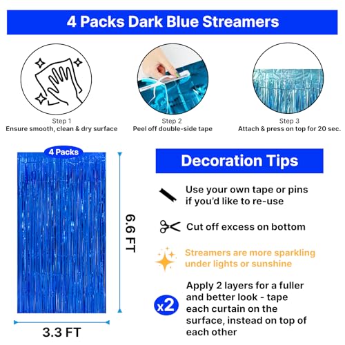 Image of 4 Pack Dark Blue Foil Fringe Curtain, 13.2x6.6ft Glitter Tinsel Streamers Backdrop, Photo Backdrop for Birthday, Baby Shower, Summer Party, Graduation | Blue Streamers Party Decorations