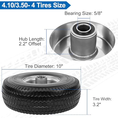 Image of 4.10 /3.50-4 inch Flat Free Tires, 10 Inch Solid Tires and Wheels Replacement with 5 /8 inch Axle Bore Hole, 2.2 inch Offset Hub for Hand Truck, Garden Cart, Lawn Cart, Wheelbarrow, 2 Pack