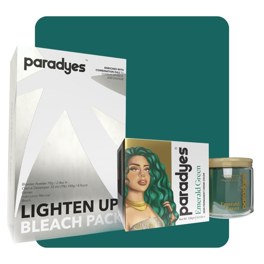 Paradyes Semi-permanent Emerald Green DIY Conditioner Based Hair Colour 120 gm and Lighten Up! Bleach Pack 30 Vol. for a