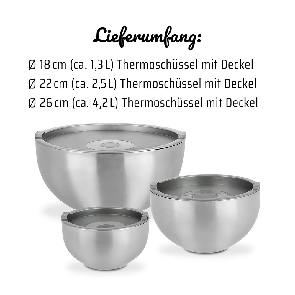 GSW Servier-Thermoschüssel – hochwertiges Servierschüssel-Set bestehend aus 3 Schüsseln mit Deckel, doppelwandige Isolierung warm und kalt – Edelstahl, rostfrei, 6-teilig, Silber