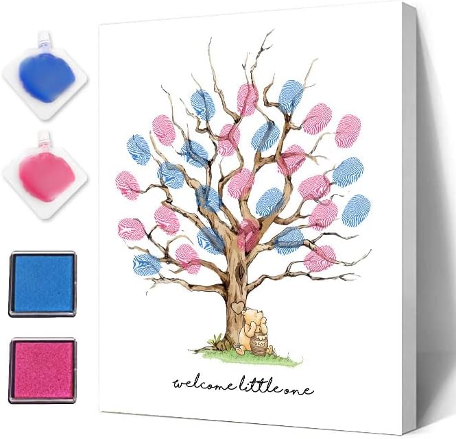 Azbuk Árbol de huellas dactilares de revelación de género para baby shower, juego de revelación de género de oso de arco, ideas de fiesta de libro