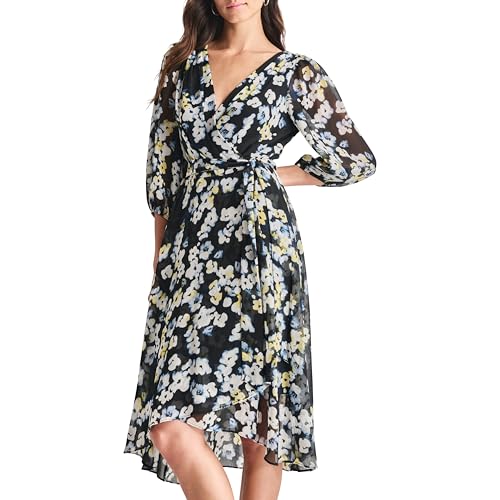 DKNY Womens Chiffon Long Sleeve Faux Wrap Dress, Navy/Lemon, 8