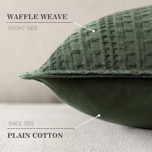 Image of Foindtower Set of 2 Decorative Cotton Waffle Weave Lumbar Throw Pillow Covers Euro Shams Cushion Covers Accent European Pillowcase for Bed Couch Bedroom Living Room Home Decor 12x20 Inch Dark Green