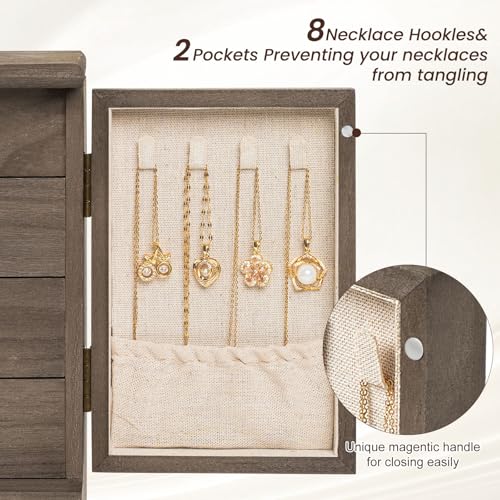 Emfogo Jewelry Box for Women Wooden Jewelry Boxes & Organizers 6-Layer Rustic Latest Large Jewelry Organizer Box with Mirror & 8 Drawers for Rings Earrings Necklaces Bracelets Women Girls Gifts(Grey) by Emfogo - Used condition - Image 6