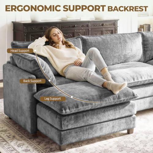 Image of 146 inch U-Shape Modular Sofa with 2 Ottomans, Deep Seat Cloud Convertible Sleeper, 2 Arm Pillows, Cozy Large Upholstered Furniture for Living Room Apartment, Dark Grey