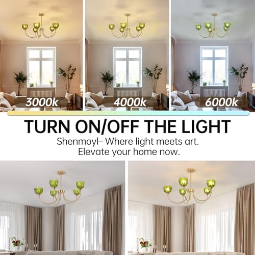 Image of Shenmoyl 30.31 inch Brass Gold 5-Light Chandelier, 5-Arm Green Tulip Glass Pendant Light Fixture, Height Adjustable Vintage Branch Chandelier for Dining Room Living Room Kitchen Island Farmhouse