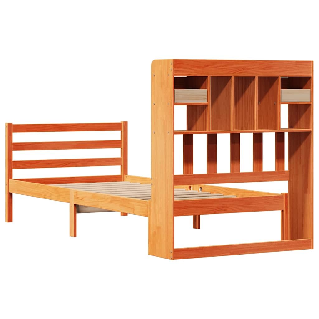 lite drewno sosnowe z regałem zagłówek 75x190 cm brąz | Łóżko z regałem i szufladami, sosnowe, woskowy brąz, 75x190 cm, bez materaca, z listwowym stelażem, zagłówek z półkami