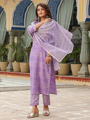 Image of GoSriKi Women's Cotton Blend Straight Printed Kurta with Pant & Dupatta