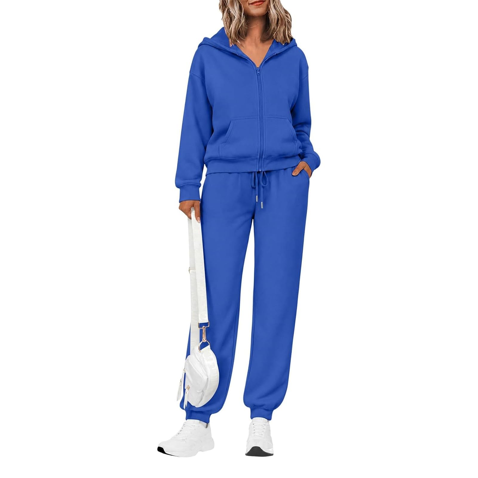 Ensemble de jogging pour femme avec capuche - Survêtement de sport en coton | Sweat à capuche décontracté avec fermeture éclair, veste à capuche, couleur unie, pantalon de survêtement, coupe classique