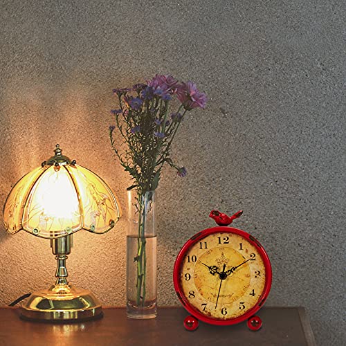 Lumuasky Vintage Table Clock 8 Inch Metal Desk Red Clock With Bird, Silent Non-Ticking Battery Operated Round Clock For Tabletop Bedside Bedroom Home Office #TOP5