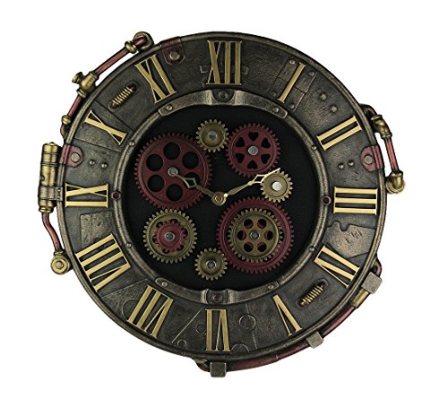 Wanduhr aus Harz, Steampunk, Bronze-Finish, Nietplatte, Wanduhr mit beweglichen Zahnrädern, 36,7 x 36,8 x 2,5 cm, Bronze Cover