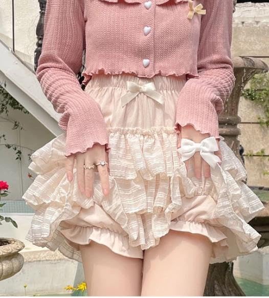 SOLILOQUY Women's Lolita Kawaii Mini Skirts Elastic Waist Tiered Ruffle Mini Skirts/Skort Japanese Korean Cute Sweet Skirt